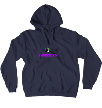 sudadera con el logo del canal y letras lilas