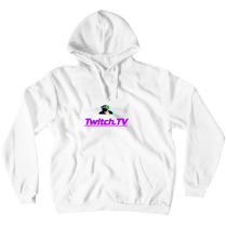 sudadera con el logo del canal y letras lilas